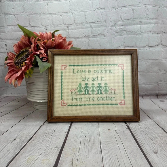 vintage handmade cross stitch wall hanging in frame cottagecore country 1985 - Picture 1 of 5